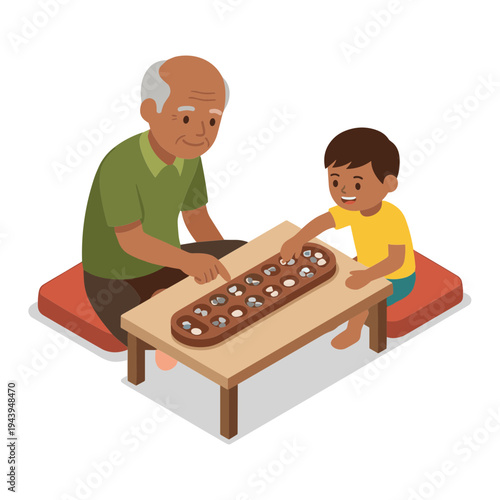 An elderly man and a young boy play a traditional board game together on a low table.