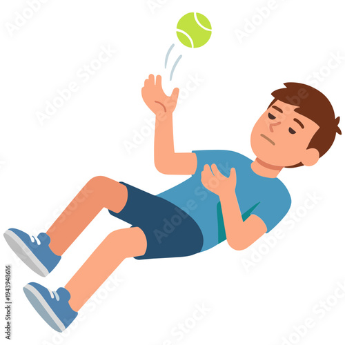 A boy is falling down while catching a tennis ball in air.
