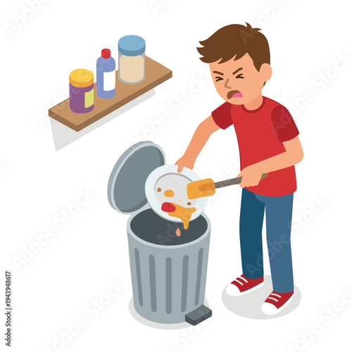 Man throwing away burnt food in kitchen trash can with frying pan