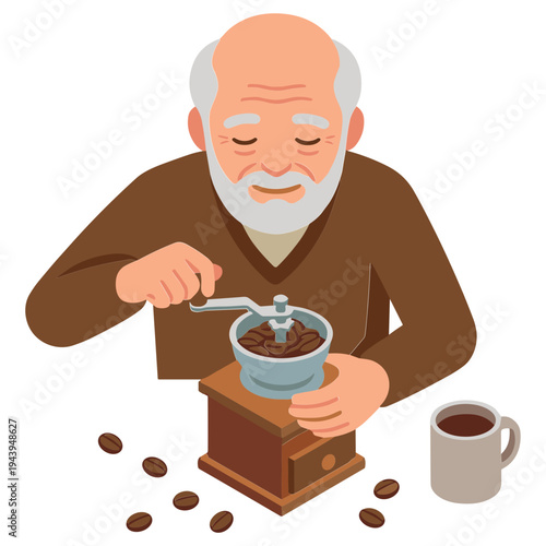 An elderly man grinding coffee beans in a kitchen with a mug