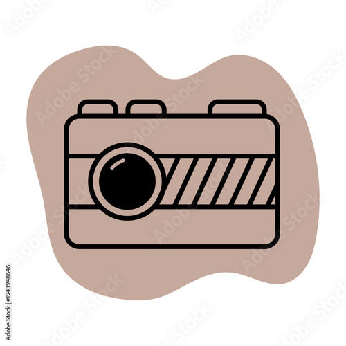 A sleek camera illustration appears on a brown blob background