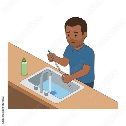 Man brushing teeth at sink with toothbrush and toothpaste indoors