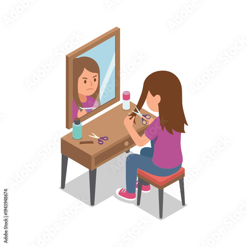 A woman sits in front of a mirror applying makeup with a brush.