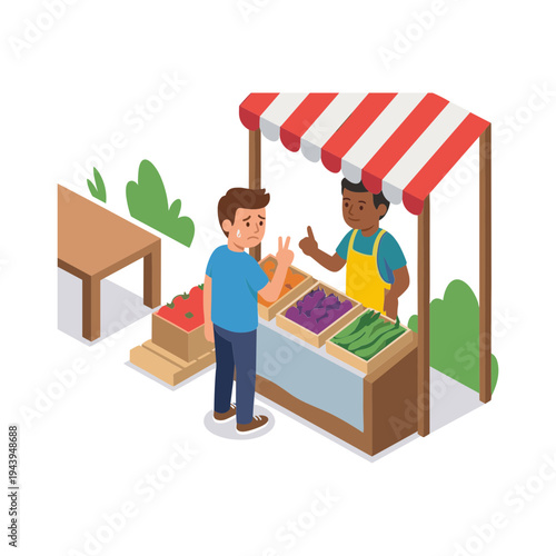 Man buys fresh produce from vendor at outdoor market stall