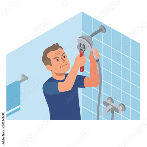 Man installing shower head in bathroom with tiles and tools.