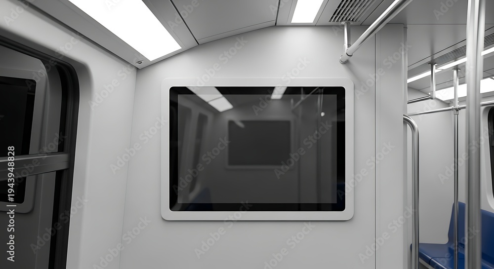 Fototapeta premium Interior view of a modern subway train car with a display screen and handrails.