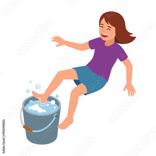 A woman slipping on a bucket of water in an accident.