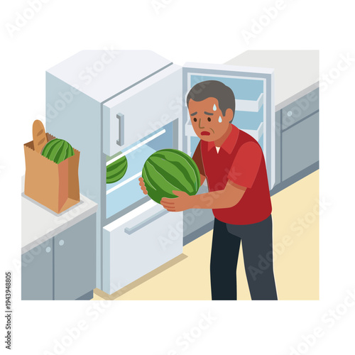Man putting watermelon in refrigerator in kitchen with paper bag