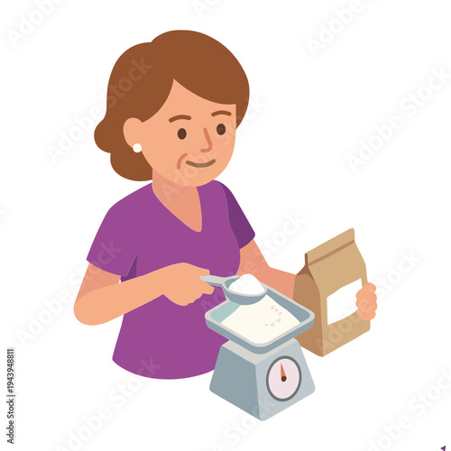 Woman measuring food on a kitchen scale while holding a bag