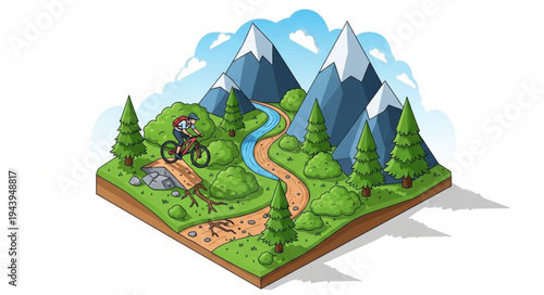 Mountain Landscape with Trees River.