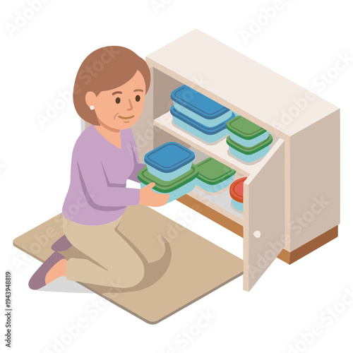 Woman kneels beside open cabinet organizing colorful storage containers on shelves.