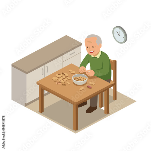 An elderly man sits at a table eating cereal in a kitchen