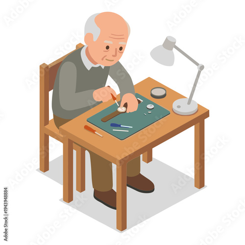An elderly man works on a wood carving project at a desk.