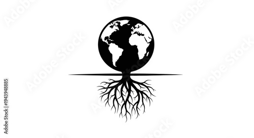 Black silhouette of planet Earth with roots growing downwards.
