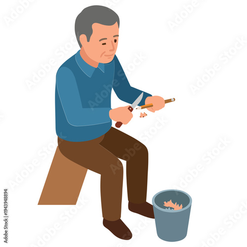 Elderly man sits outdoors whittling wood near a small fire pit.