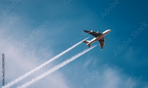 airplane ascending into blue sky side profile with razor-sharp wing detail ultra-crisp white contrails sharply defined clean gradient background