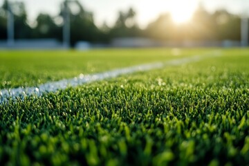 Close up of green grass on football field with sunlight shining in background during evening hours