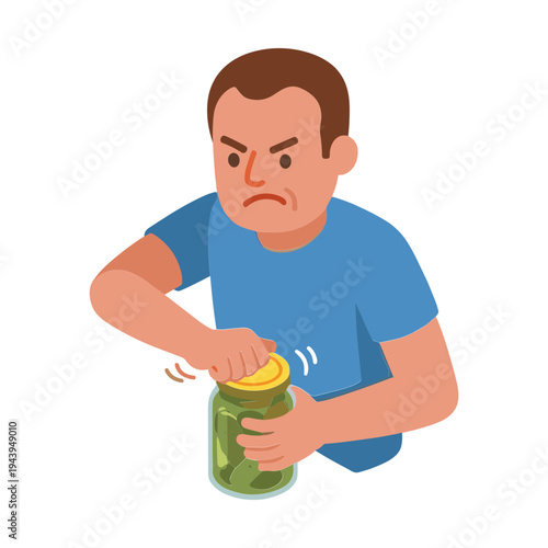 Man struggles to open a stubborn jar with a frustrated expression on his face.