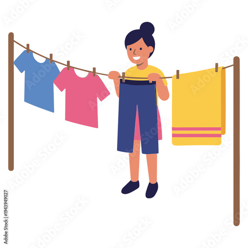 Woman hanging colorful clothes and towels on a line outdoors smiling