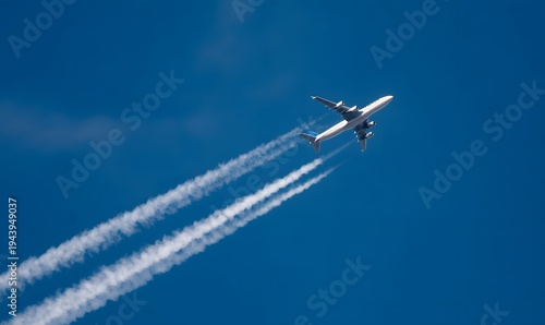 airplane ascending into blue sky side profile with razor-sharp wing detail ultra-crisp white contrails sharply defined clean gradient background