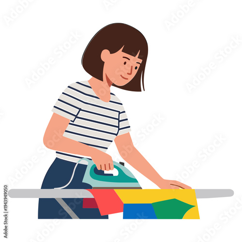 Woman ironing colorful clothes on ironing board in domestic setting