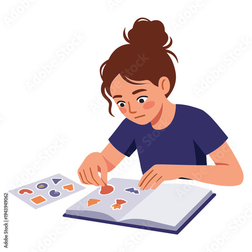 A woman is placing stickers into a book while sitting at a table indoors.