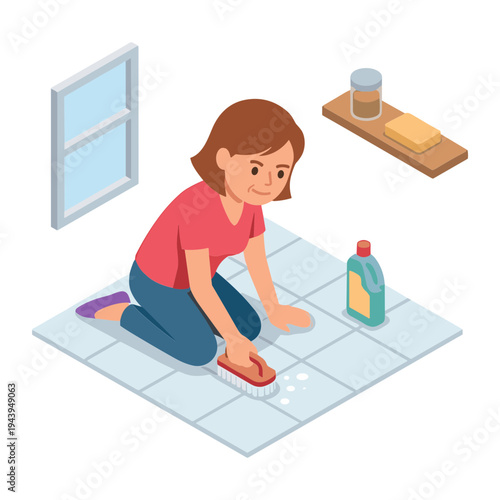 Woman cleaning the floor with a sponge and detergent indoors
