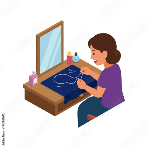 Woman sits at dresser sewing necklace with nail polish bottles nearby