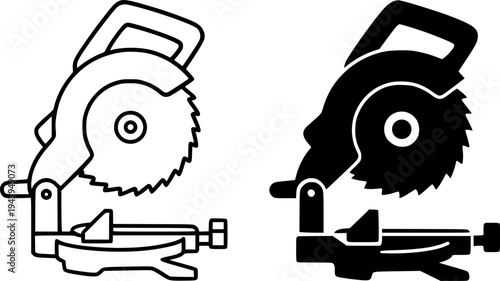 Mitre saw illustration icon, outline and silhouette, for industrial theme design