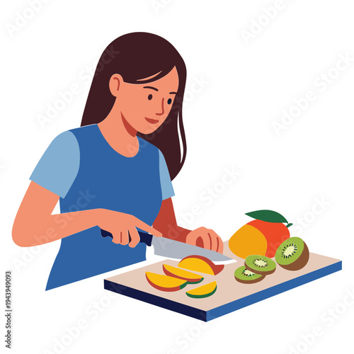 A woman is cutting fruit on a board indoors with a knife.