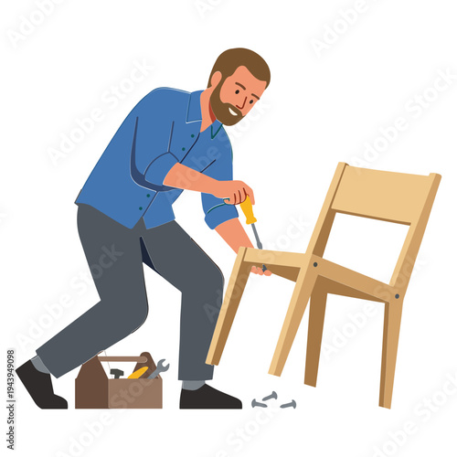 A man is assembling a chair with a screwdriver in his workshop.