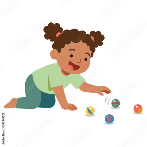 A little girl plays with colorful balls on the floor indoors