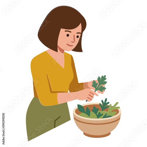 Woman prepares fresh vegetables in a bowl at home indoors carefully