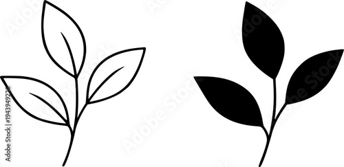 Tea leaf illustration icon, outline and silhouette, for nature theme design