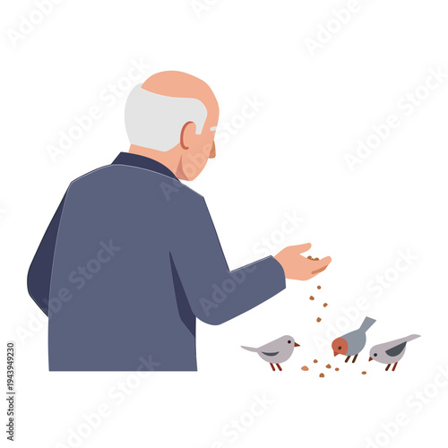 An elderly man feeds birds in a park with his hand extended outward.