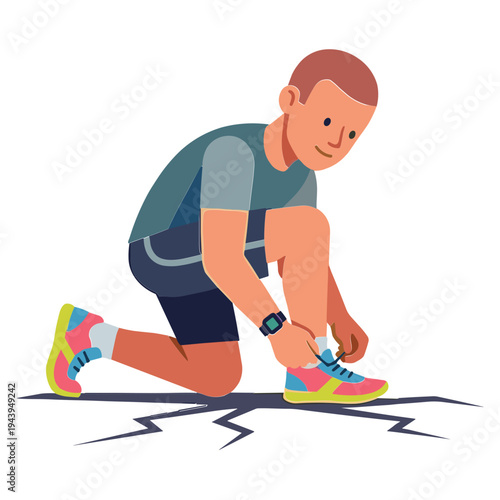 Man tying colorful sneakers while kneeling on ground outdoors