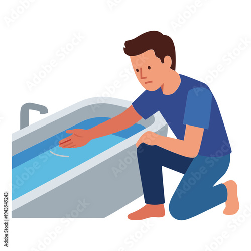 Man kneeling beside a bathtub filled with water, washing clothes manually