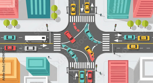 Aerial View of Busy City Intersection with Cars and Pedestrians.