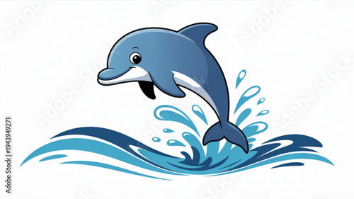 Cartoon dolphin jumping out of ocean waves with splashes playful marine mammal in blue water