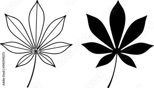Cassava leaf illustration icon, outline and silhouette, for nature theme design