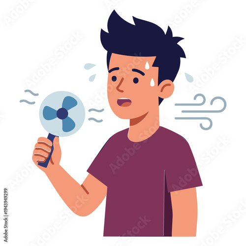 Man feels relief from handheld fan on hot summer day indoors.