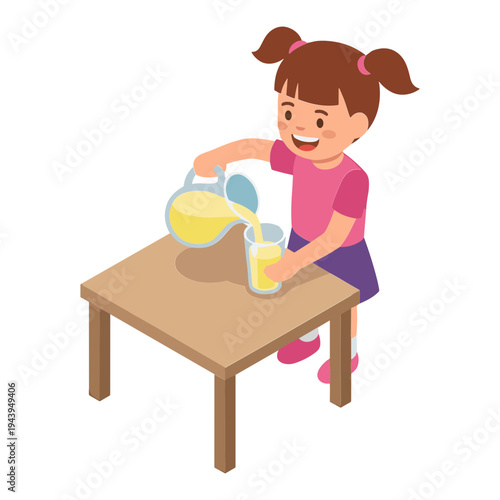 A young girl pouring juice into a glass on a table indoors happily