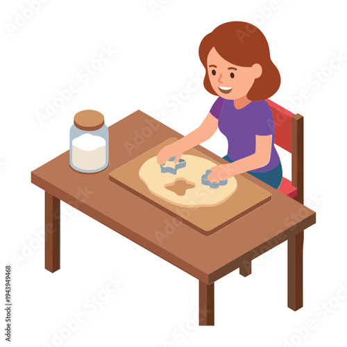 Woman placing cookie cutouts on baking mat at wooden table indoors