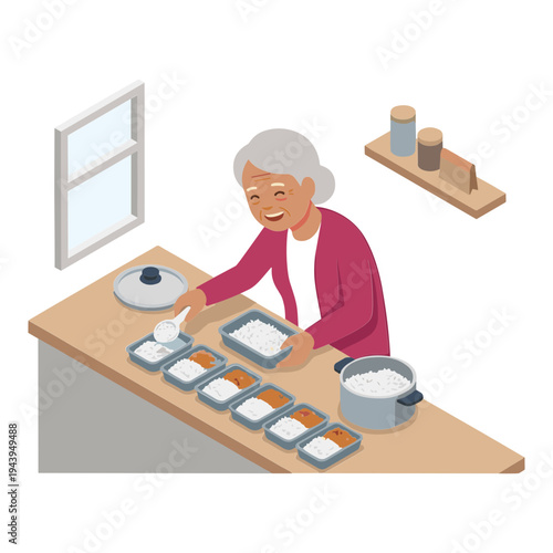 Elderly woman prepares food in kitchen near window with containers