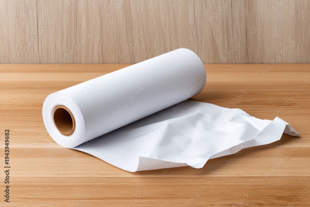Fototapeta premium White Rolling Paper Unrolled on Wooden Surface with Natural Light Background
