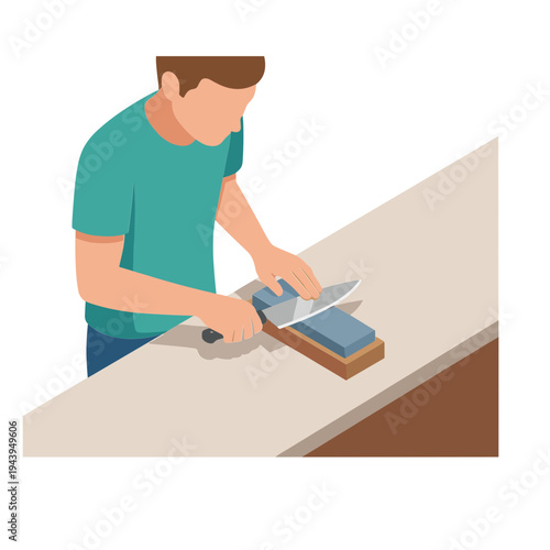 A man is working on a block with a tool on a table indoors