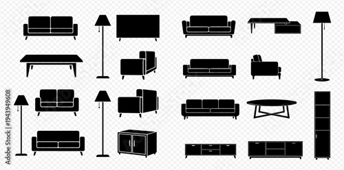 Set of various black silhouettes of modern living room furniture including sofas, tables, and lamps.