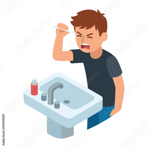 Man brushing teeth in bathroom with sink and toothbrush