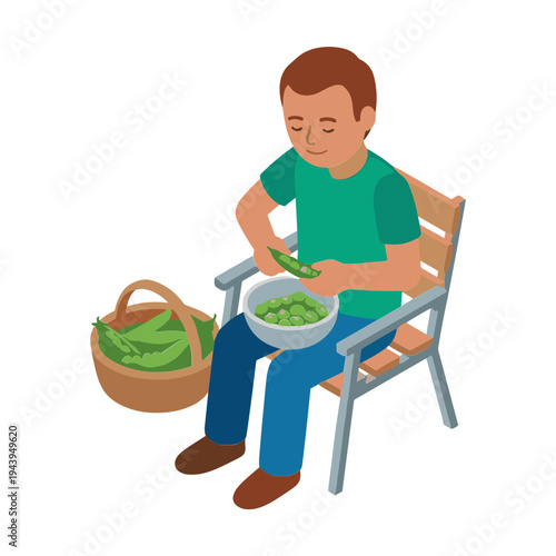A man is sitting on a chair peeling green beans into a bowl.