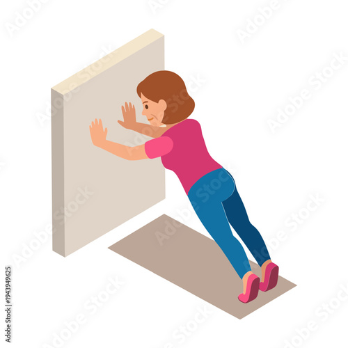 Woman pushing large white board forward in office setting with effort